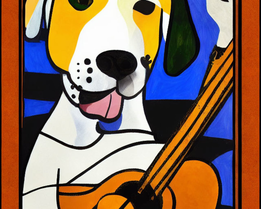 Colorful abstract painting of a dog with a guitar in bold colors