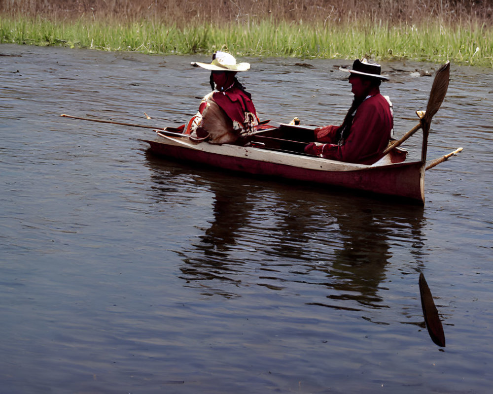 Two individuals in wide-brimmed hats rowing a canoe in calm waters with grassy banks