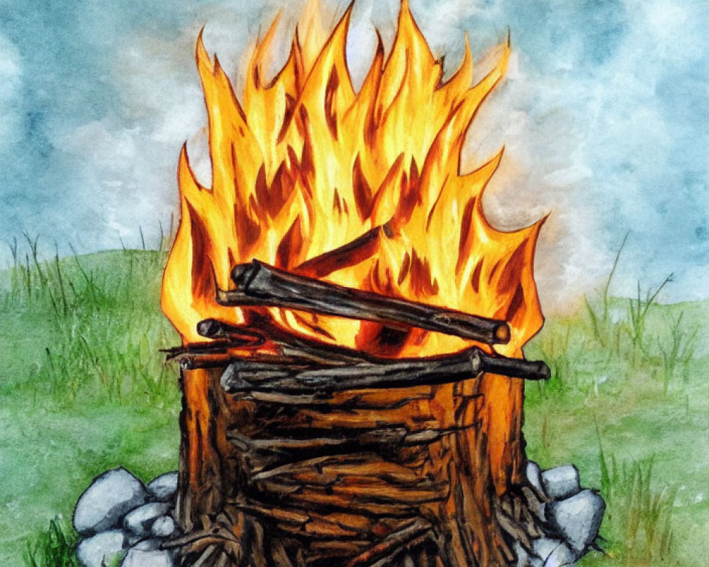 Colorful Watercolor Painting of Campfire with Flames and Stones on Grass