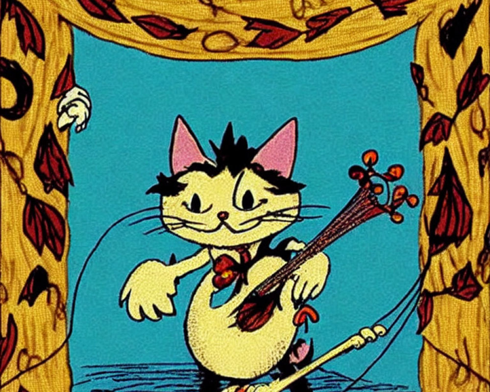 Illustration of a joyful cat playing lute on stage