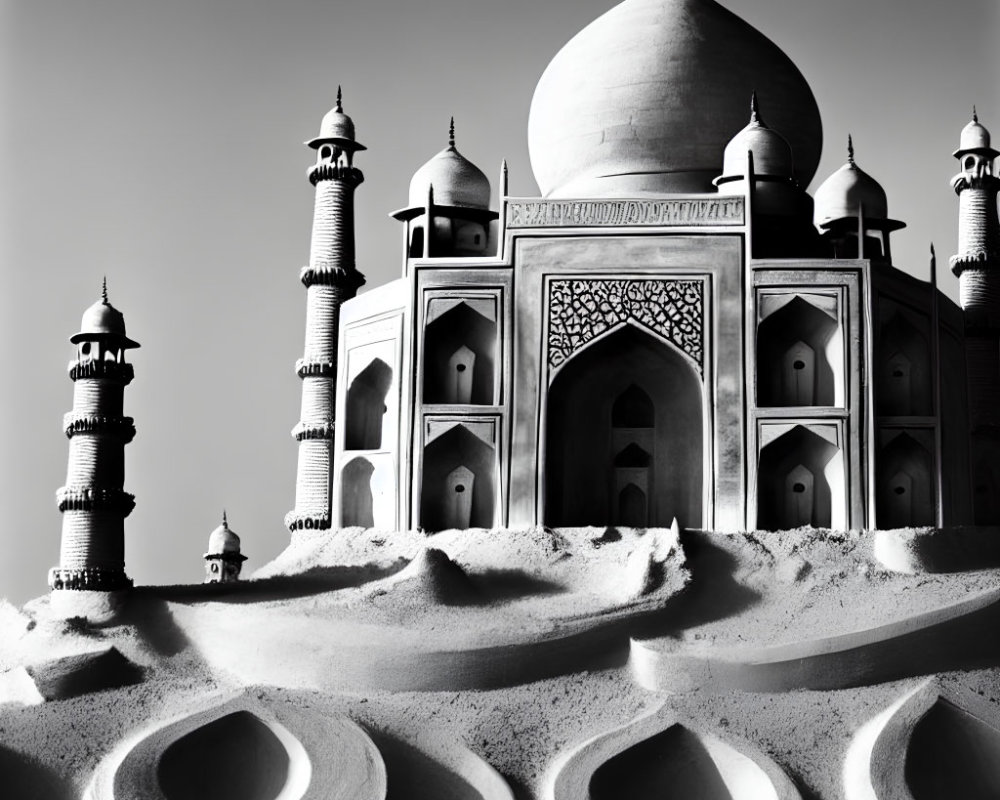Monochrome Taj Mahal photo with sand wave patterns and architectural contrast