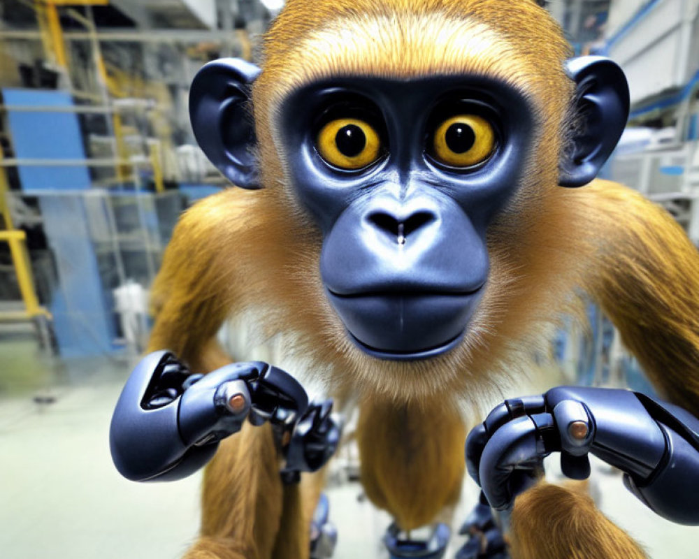 Realistic Animated Monkey with Blue Eyes and Mechanical Hands in Industrial Setting