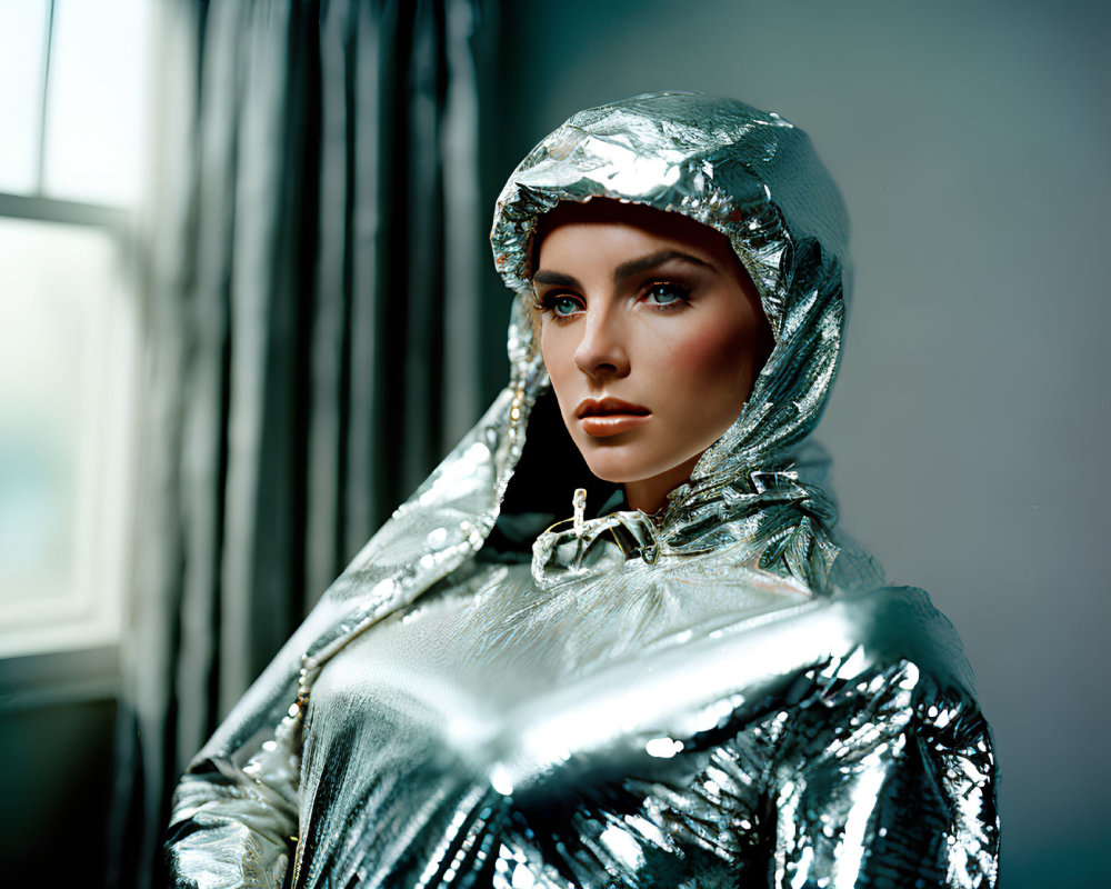 Futuristic woman in metallic silver hooded outfit gazes at camera