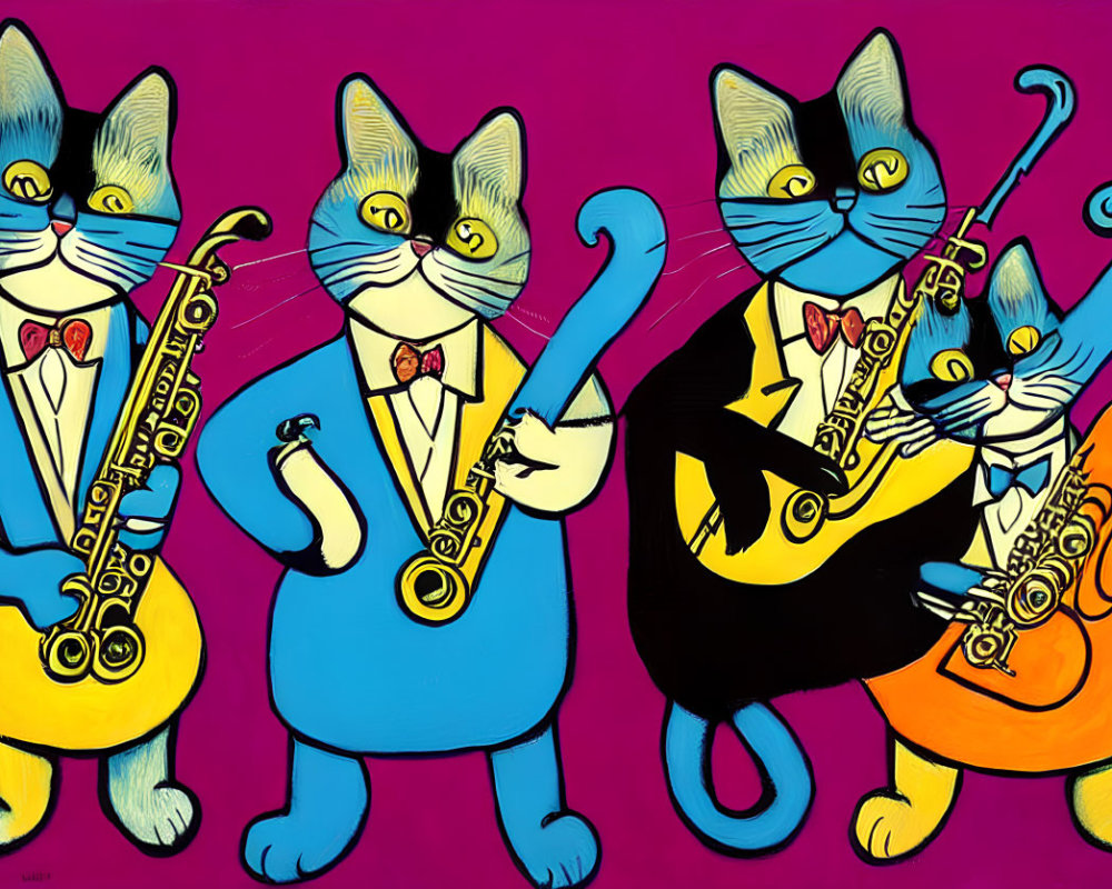 Anthropomorphic Cats Playing Saxophones in Colorful Suits