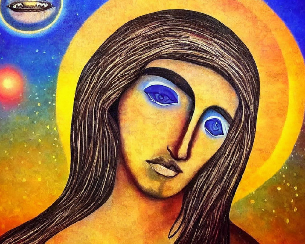 Vibrant painting of stylized figure with blue eyes and halo against cosmic backdrop