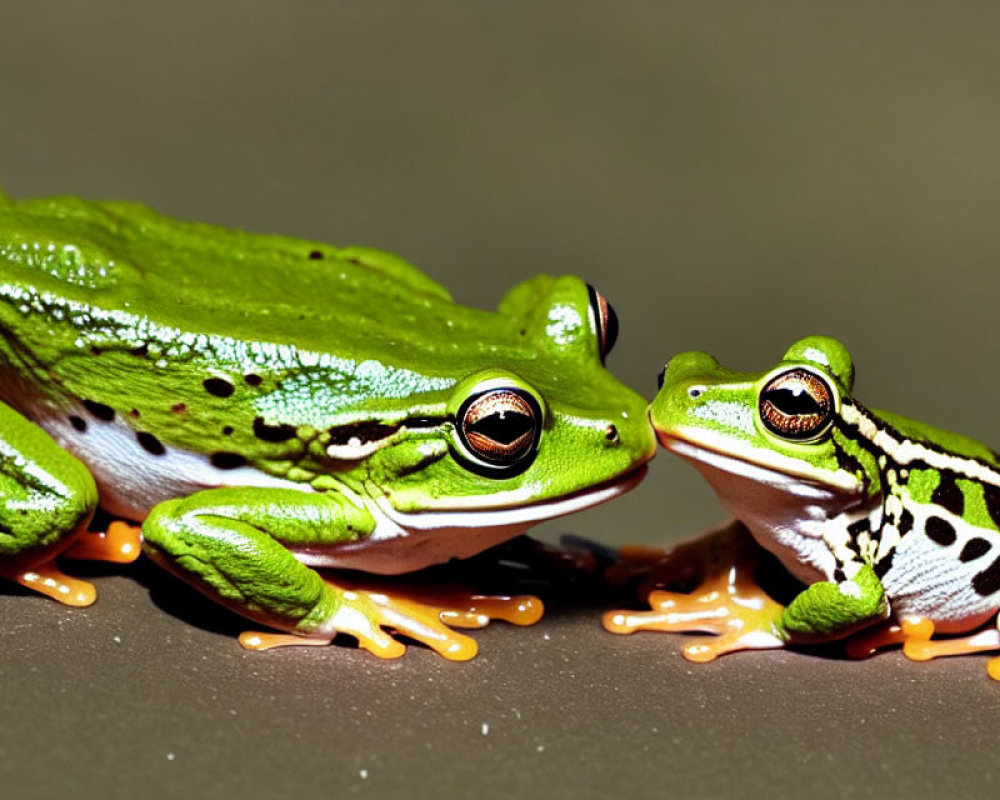 Spotted green frogs with orange feet on brown background