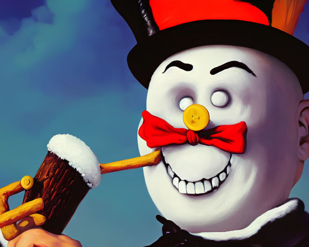 Cheerful snowman with top hat and pipe in snowy landscape