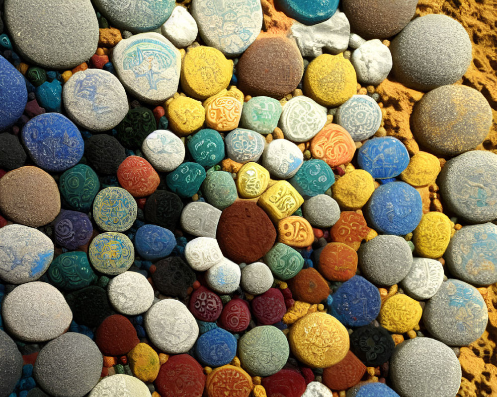 Vibrant pebbles with intricate designs on sandy surface