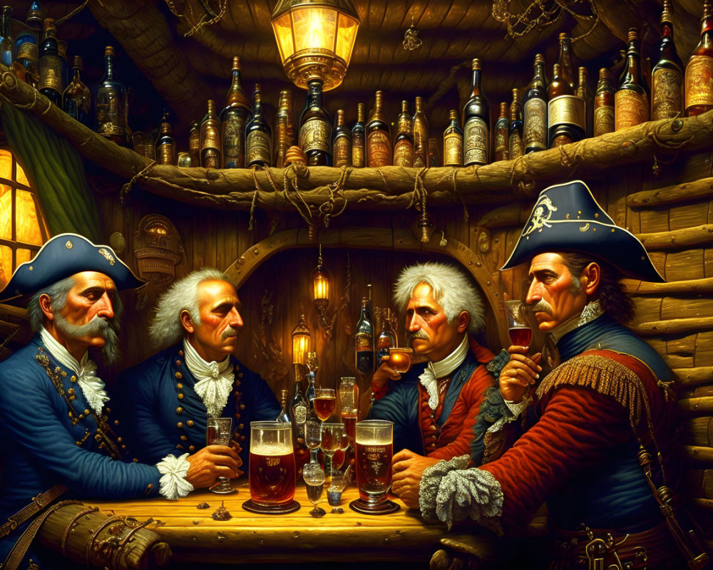 Historical military attire-clad individuals in tavern setting with rustic ambiance.