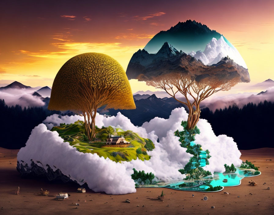 Surreal landscape with mushroom-like trees, small house, clouds, and mountains