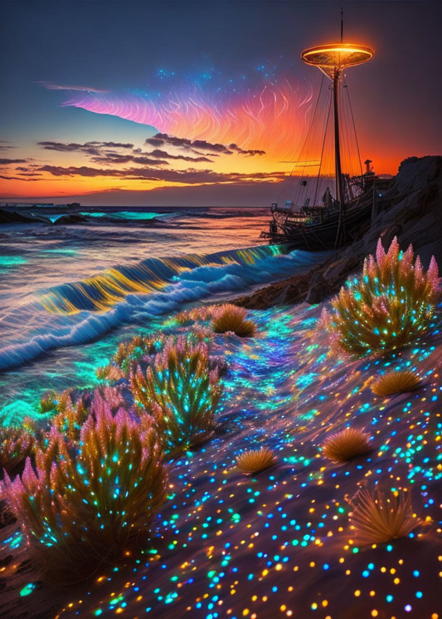 Digitally altered seascape with bioluminescent plants and glowing wave