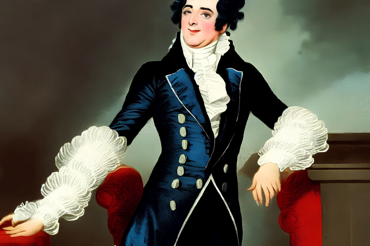 Smiling figure in 18th-century attire with white ruffled collar and cuffs, leaning on red