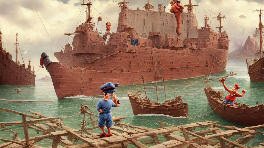 Whimsical animated characters in dynamic maritime scene