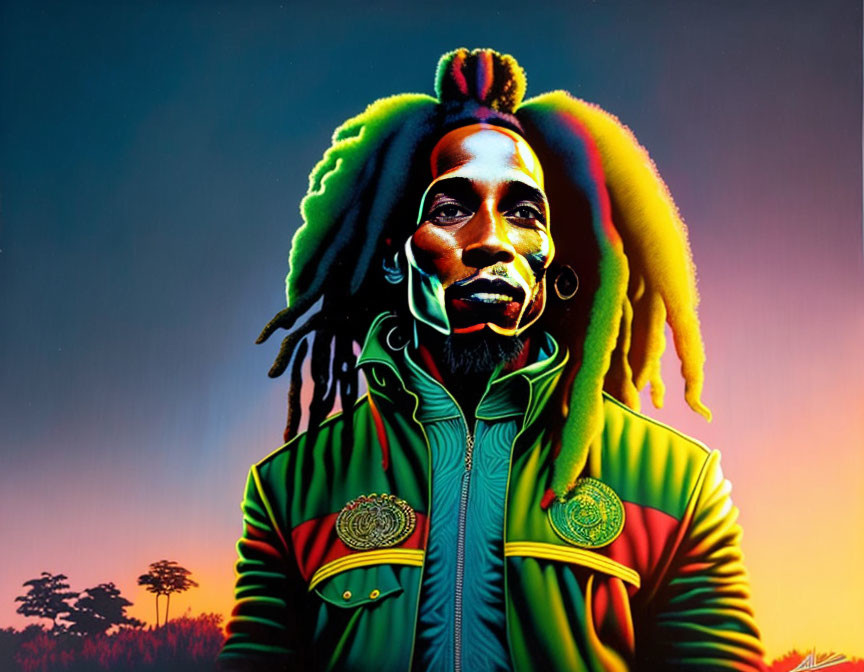 Colorful portrait of a person with dreadlocks in psychedelic art style against sunset backdrop