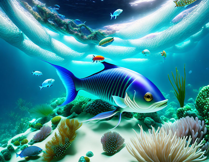 Colorful Underwater Scene with Blue-Striped Fish and Coral Reefs