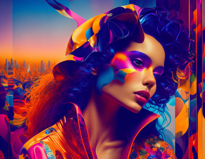 Colorful makeup woman in surreal cityscape.