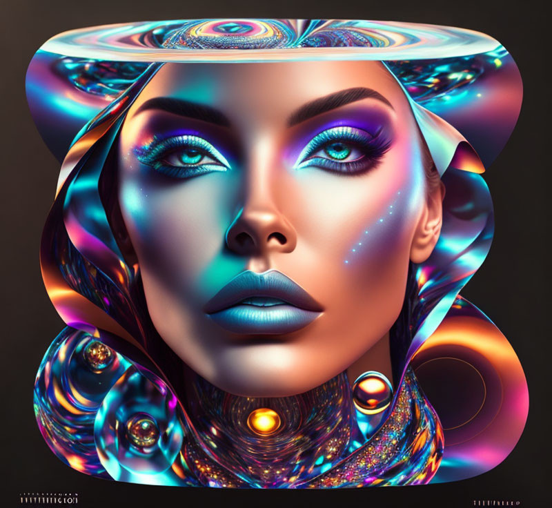 Vibrant blue and purple makeup in surreal digital portrait