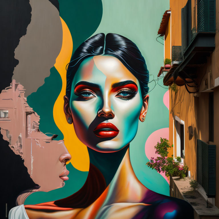 Vivid mural of woman's face with striking makeup in European street