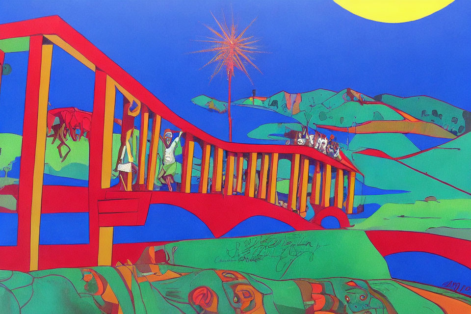 Colorful Artwork Featuring Red Bridge and Stylized Figures