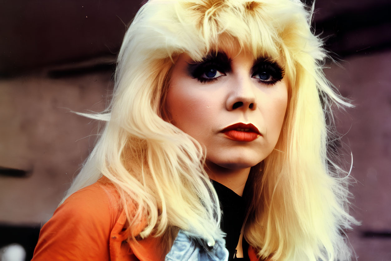Blonde woman in orange jacket with bold makeup gazes at camera