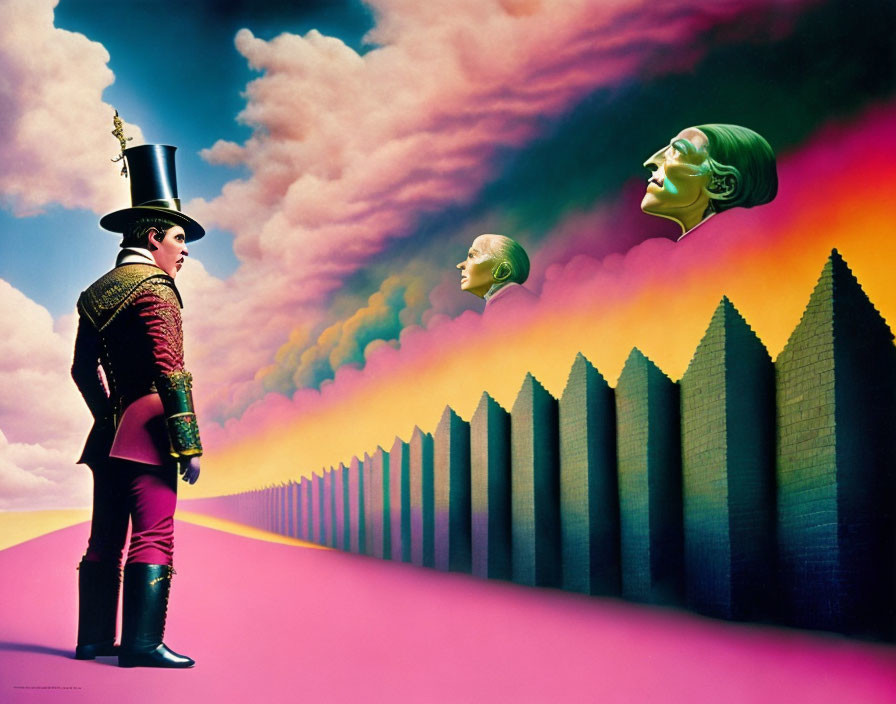 Surrealistic artwork: man in ornate jacket, giant floating heads, colorful sky