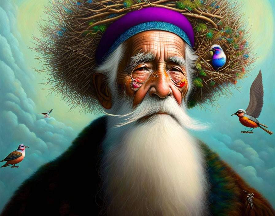 Elderly man with long white beard in purple bandana and birds on head against cloudy backdrop