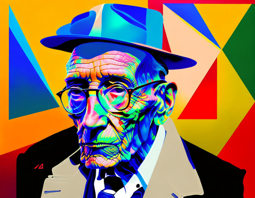 Vibrant portrait of elderly man with hat and glasses on colorful backdrop