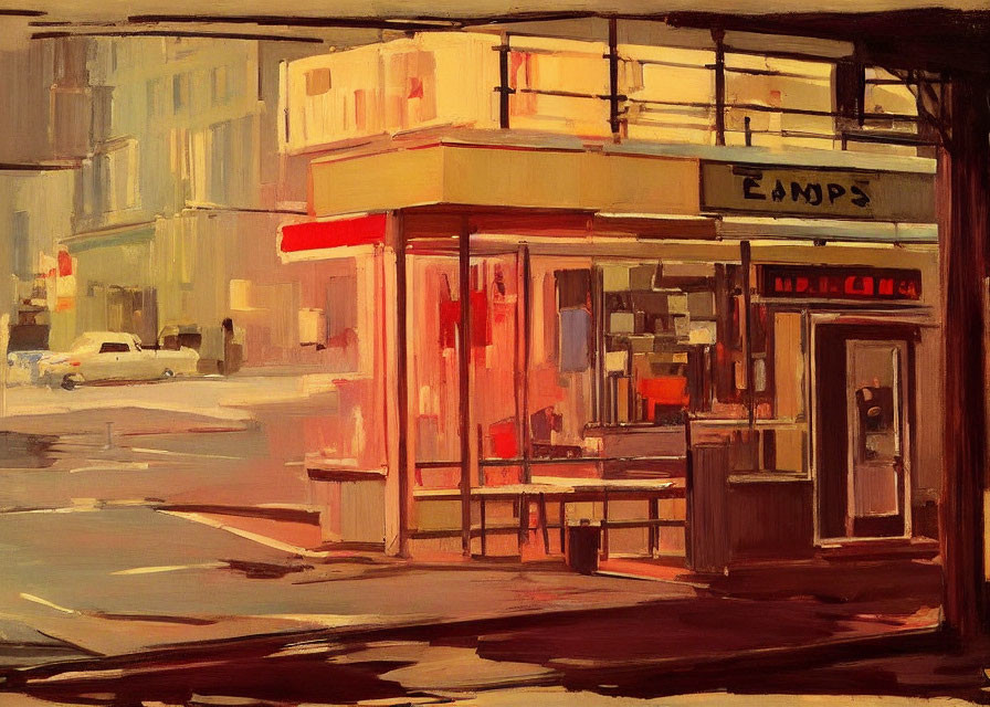 Vintage street corner painting with warm tones and soft brushstrokes