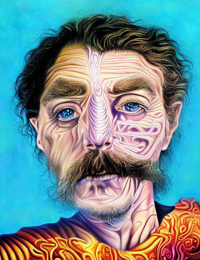 Colorful portrait of a man with intricate face patterns on a blue backdrop