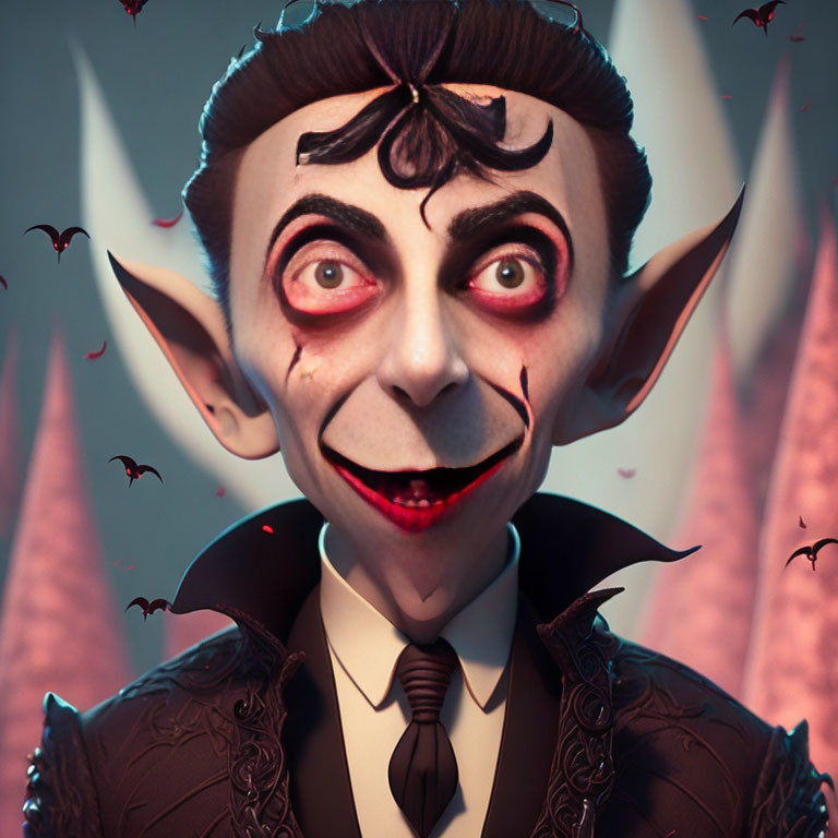 Illustration of vampire with sharp ears in suit, bats in background