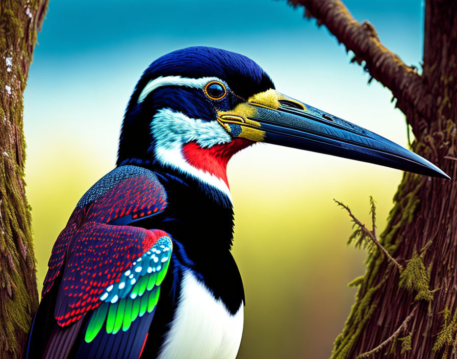 Colorful Bird with Long Beak Perched on Tree Branch