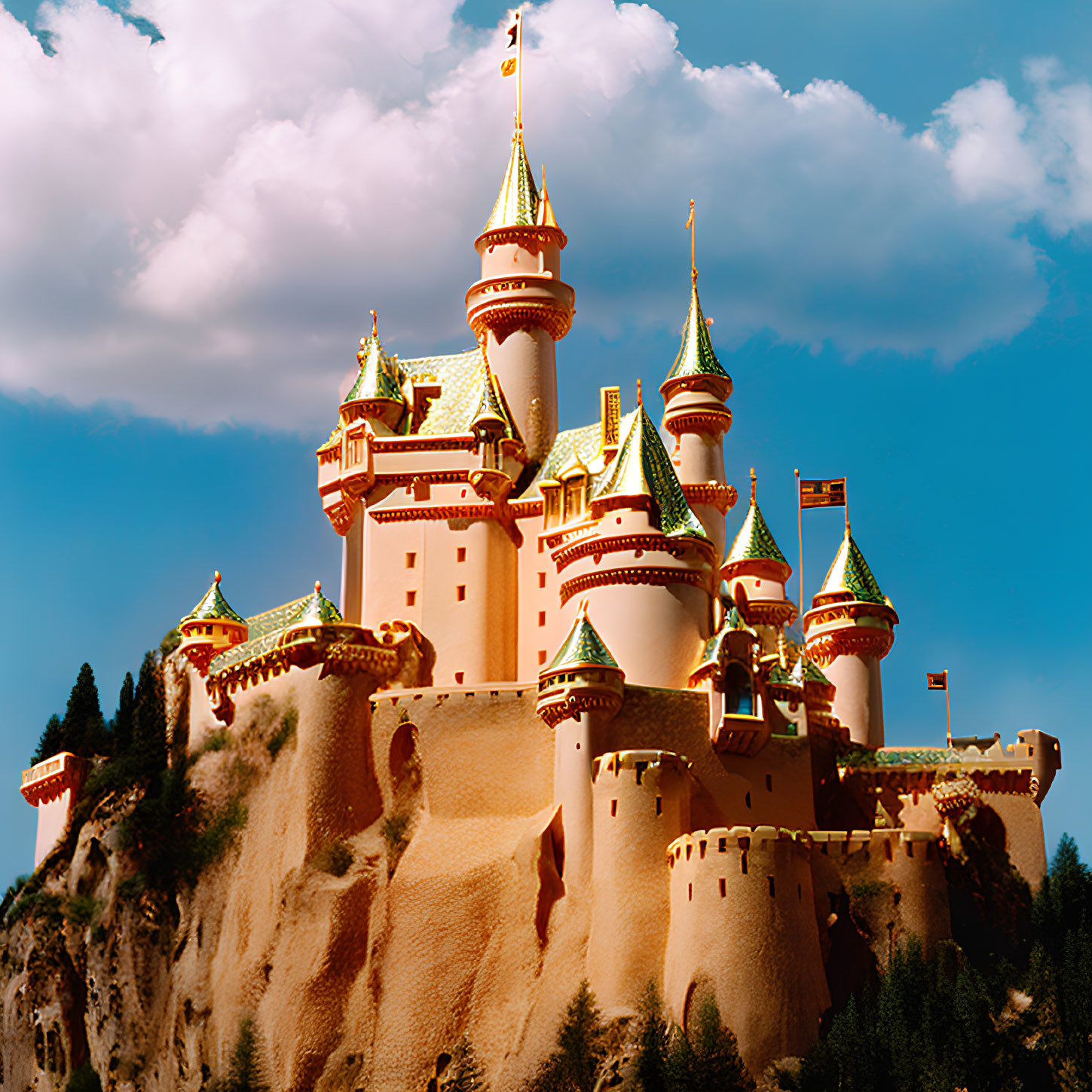 Pink and Golden Turreted Fairy Tale Castle Against Blue Sky