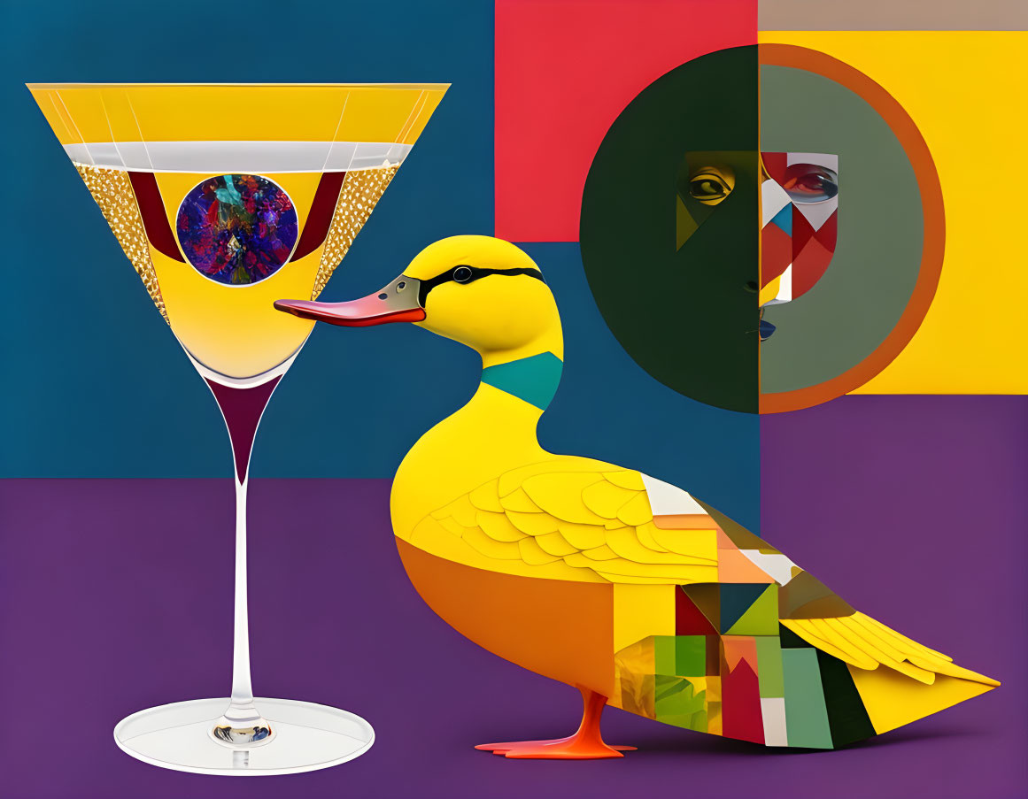 Vibrant abstract illustration: duck with geometric body and galaxy martini glass on colorful backdrop