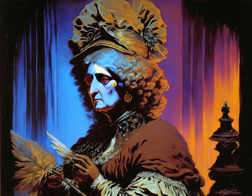 Stylized portrait of figure in historical clothing with feathered fan on blue and orange backdrop