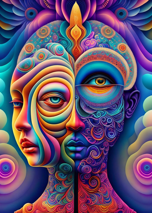 Colorful Psychedelic Artwork: Abstract Faces Blend into Surreal Form