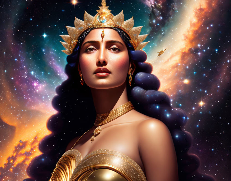 Celestial-themed artwork featuring a woman in golden crown and jewelry.