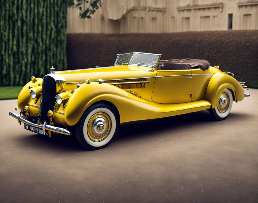 Vintage yellow convertible car with white-wall tires parked near a hedge and stone wall