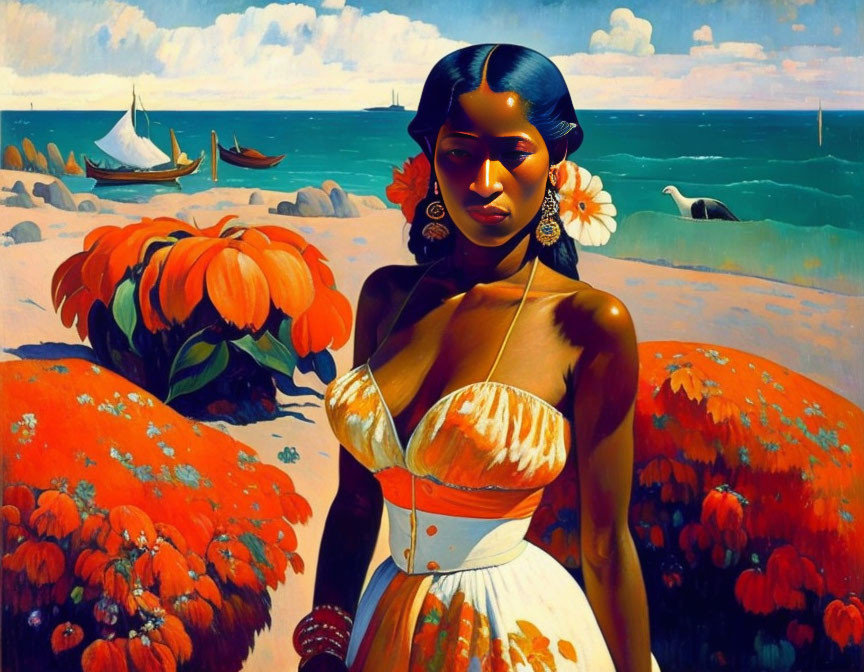 Stylized painting of woman on beach with orange flowers and sailboats