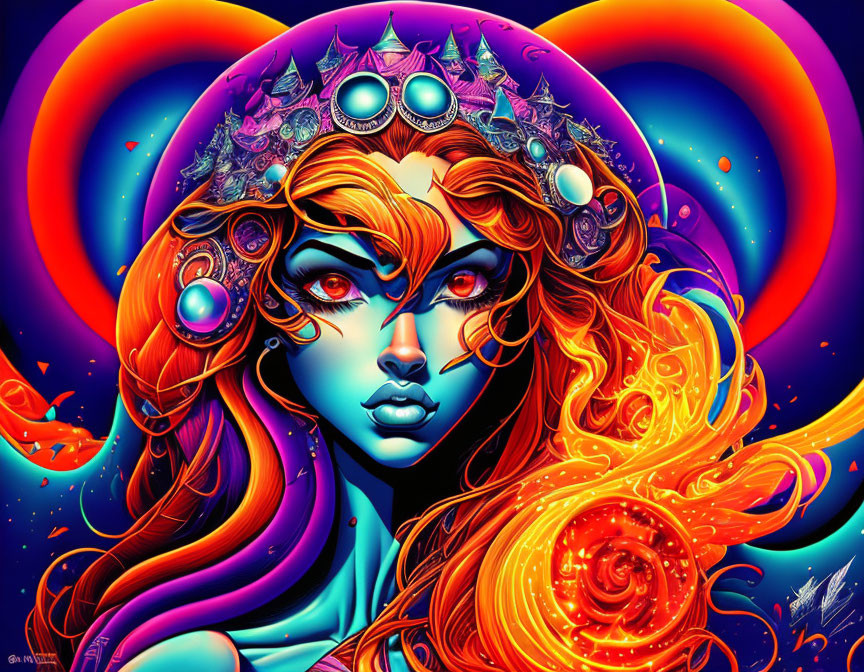 Colorful portrait of female figure with orange hair and celestial headdress on rainbow backdrop