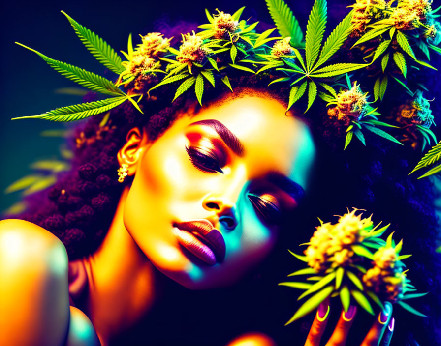 Vivid Cannabis-themed Woman Portrait on Dark Background