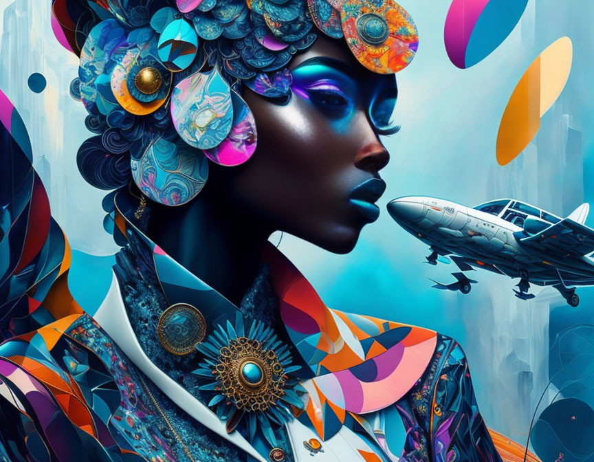 Colorful digital artwork: Woman with floral headgear, bold makeup, and stylish suit in fantasy scene