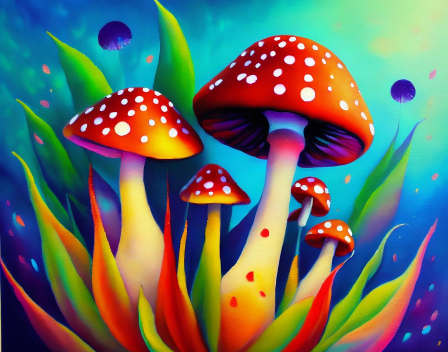 Colorful Mushroom Painting with Foliage and Bubbles on Blue Gradient
