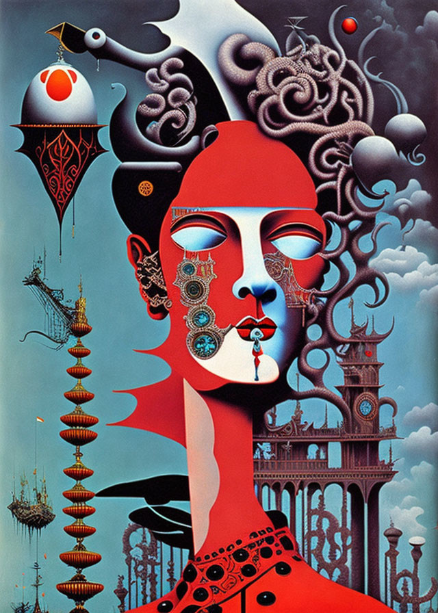 Surreal portrait featuring red woman and fantastical elements