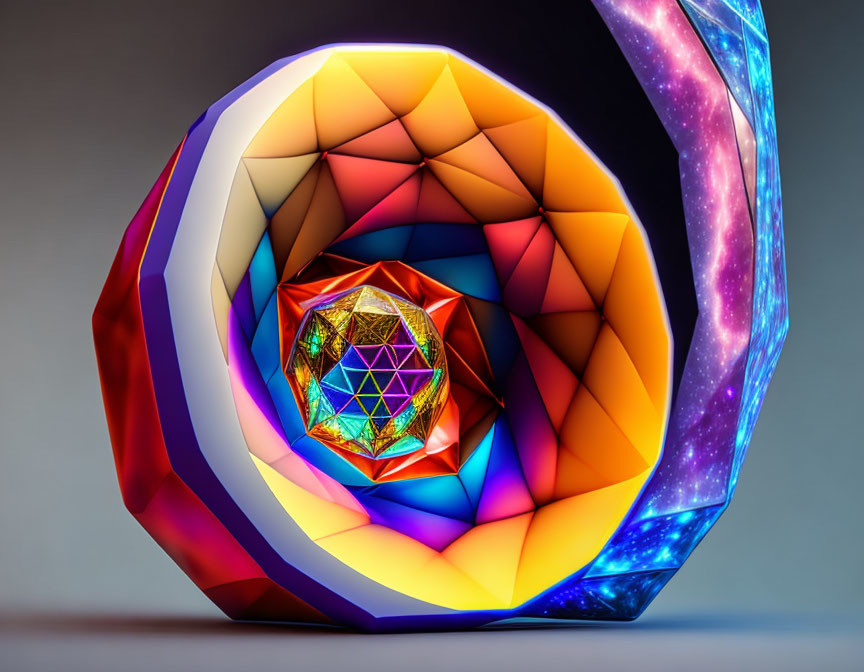 Colorful Geometric Sculpture with Glowing Crystalline Center on Cosmic Background