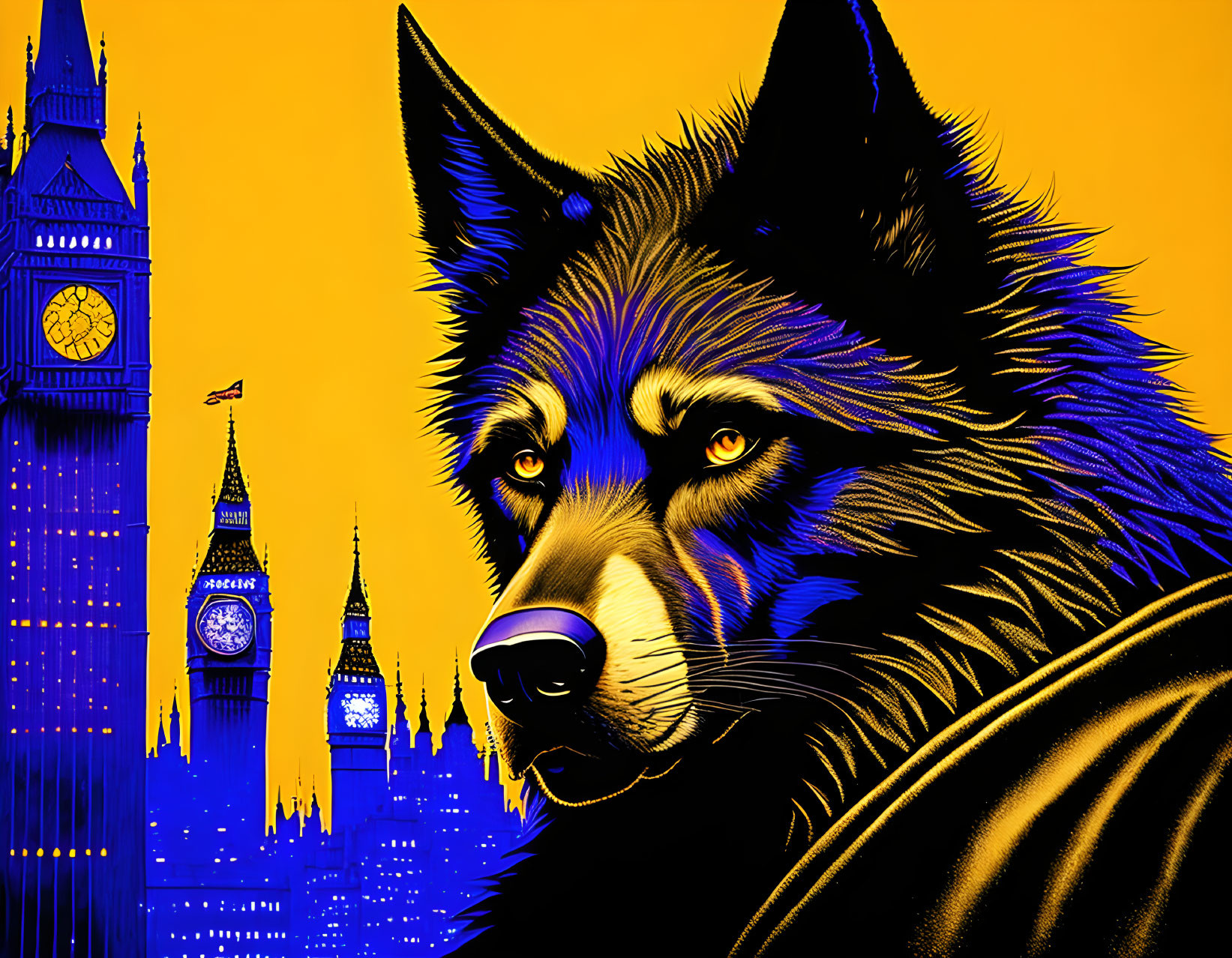 Intense Wolf Graphic with Big Ben Silhouette in Vibrant Colors