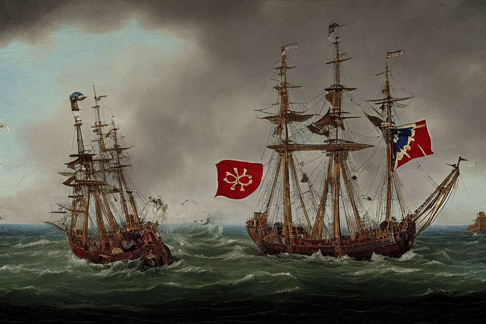 Two old sailing ships with raised flags on a stormy sea, one with red flag.