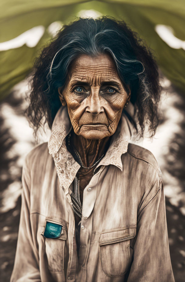 Elderly woman with striking eyes and wrinkled skin in portrait.