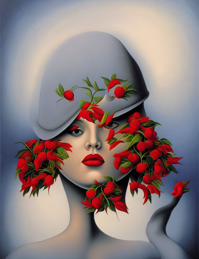 Surreal illustration: Person with red flowers and berries on face, blue background