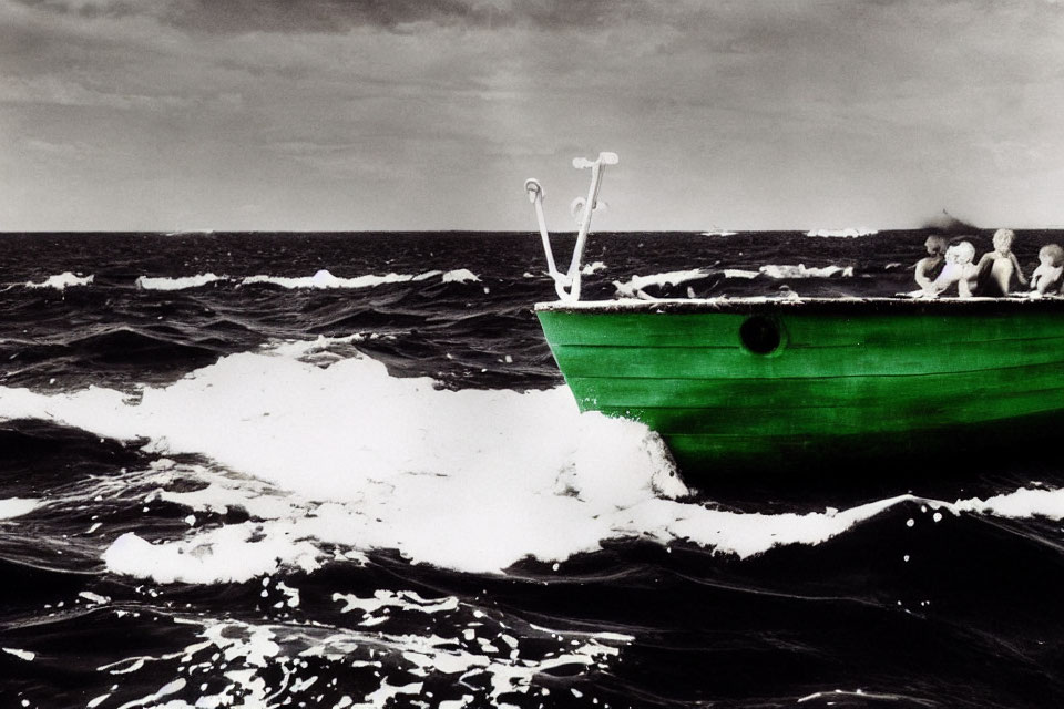 Green boat with people navigating choppy seas under cloudy sky