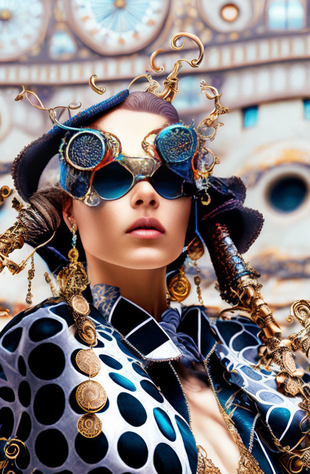 Woman in Steampunk Attire Poses with Clock Background